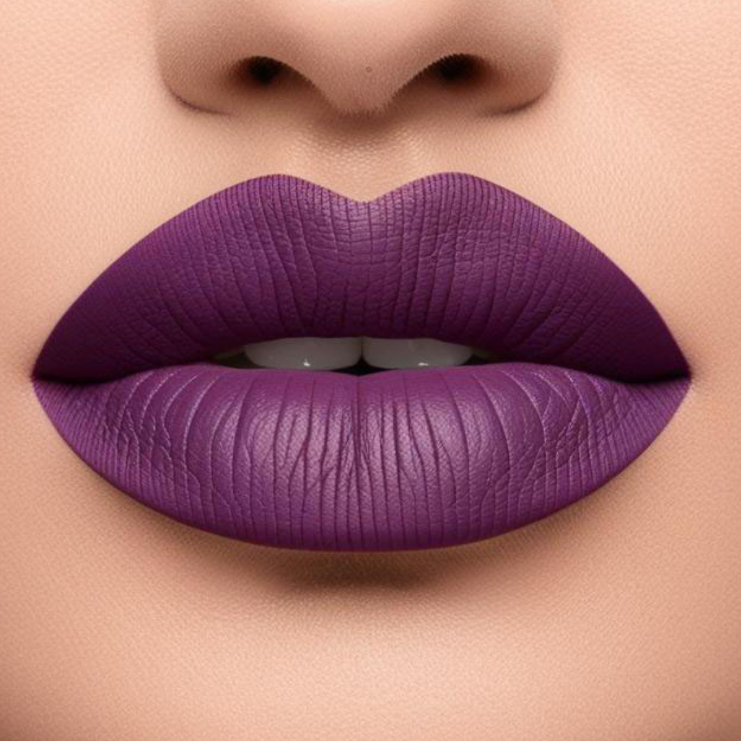 Close up model lips wearing forevermore in purple