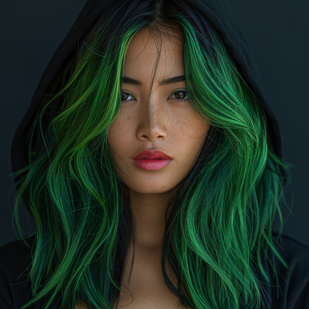 model wearing medusa's makeup emerald ivy hair dye