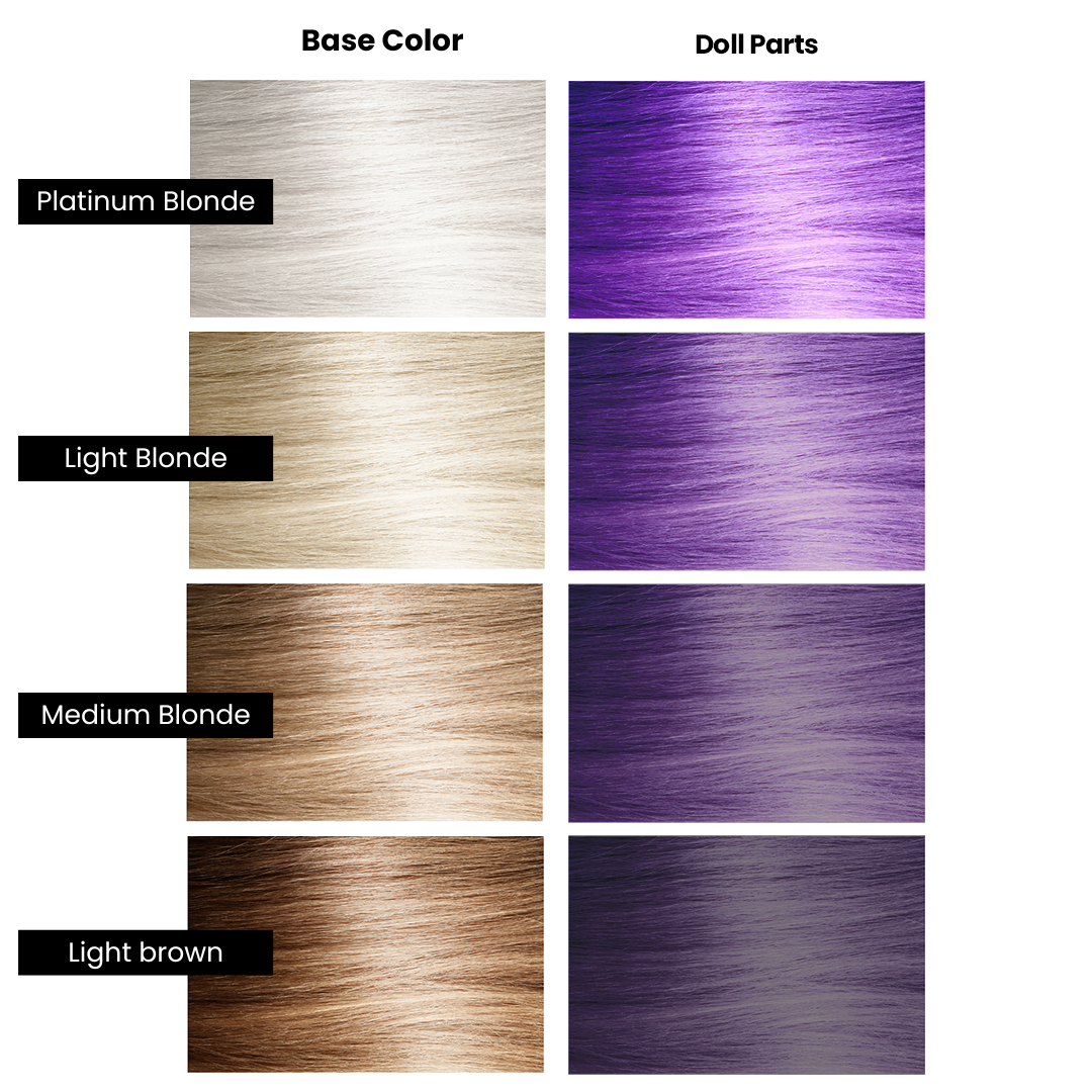 Color chart for base color and doll parts with platinum blonde, light blonde, medium blonde, light brown, and purple hair strands.
