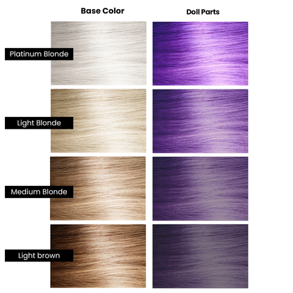 Color chart for base color and doll parts with platinum blonde, light blonde, medium blonde, light brown, and purple hair strands.