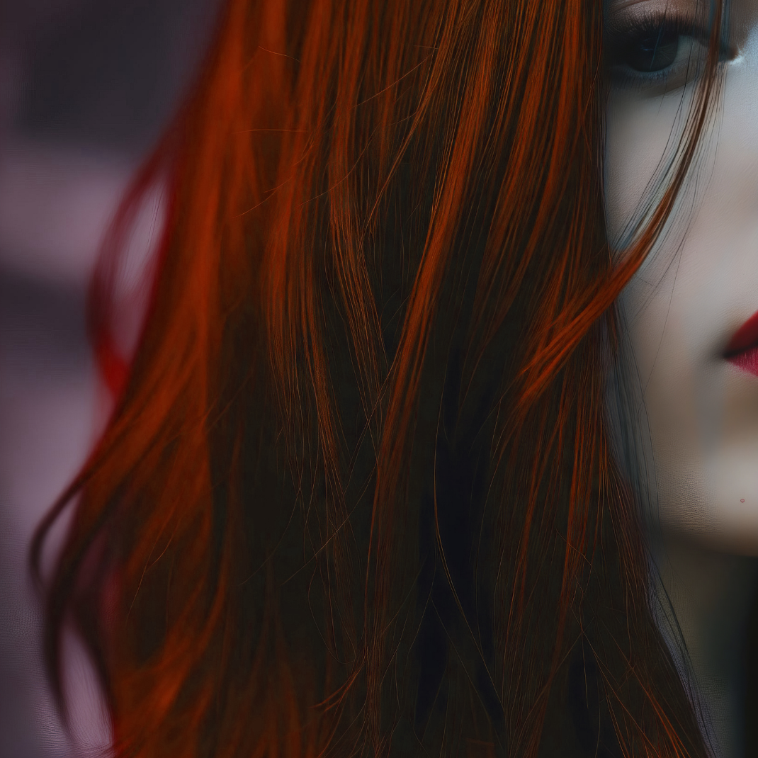 model wearing fang red hair dye