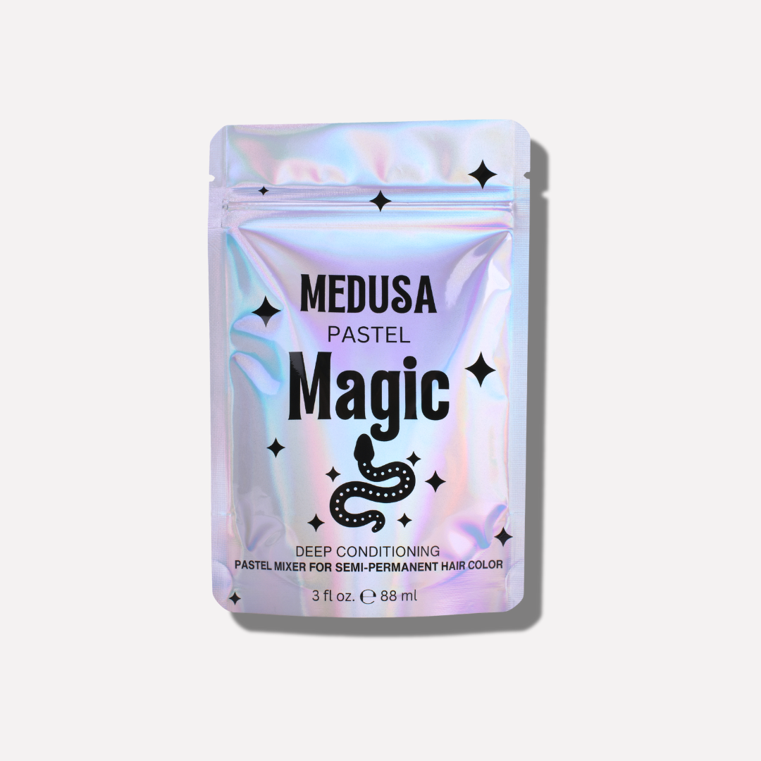 Medusa Pastel Magic hair color package on a light gray background