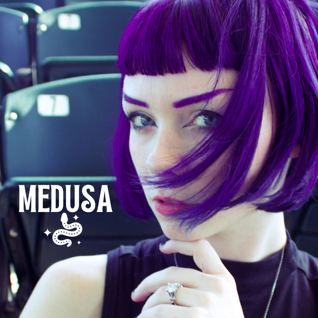 Model wearing purple hair in color Spellbound