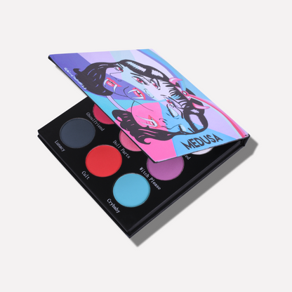 Makeup palette with colorful design and 'Medusa' branding on a white background