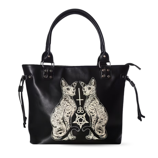 Black handbag with cat design and symbol on a white background