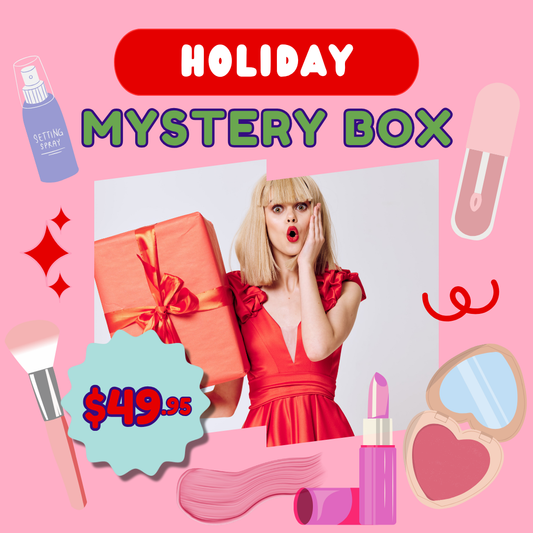 Promotional image of a 'Holiday Mystery Box' with a woman in a red dress, gift box, and makeup items on a pink background.