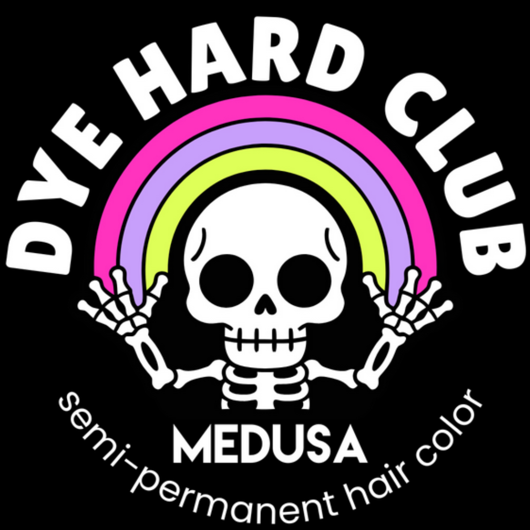 Logo of Dye Hard Club Medusa hair color with a skeleton and rainbow design on a black background.