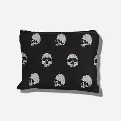 Black pouch with white skull pattern on a white background