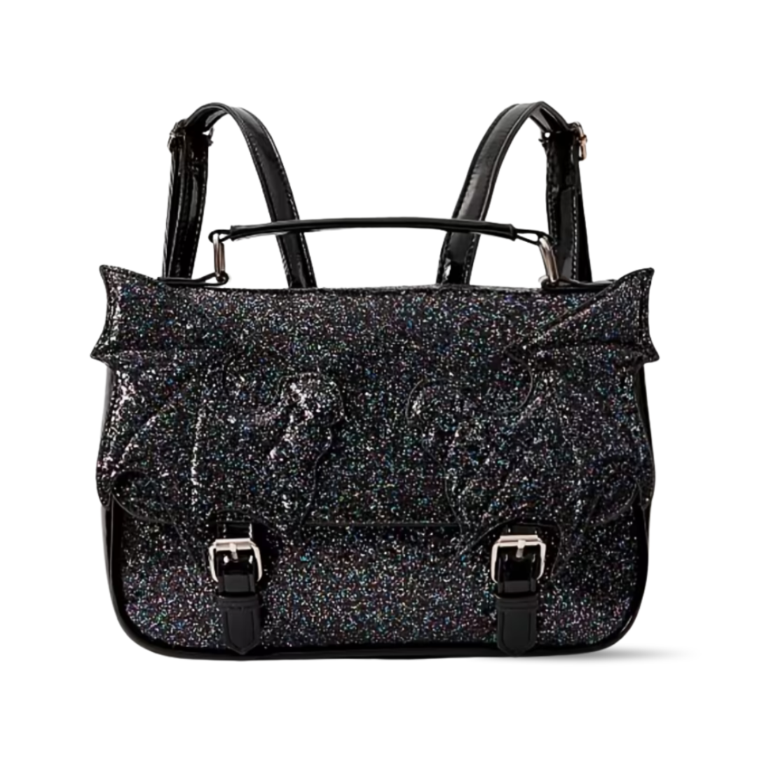 Black glittery handbag with black straps on a white background