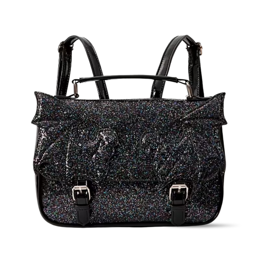 Black glittery handbag with black straps on a white background