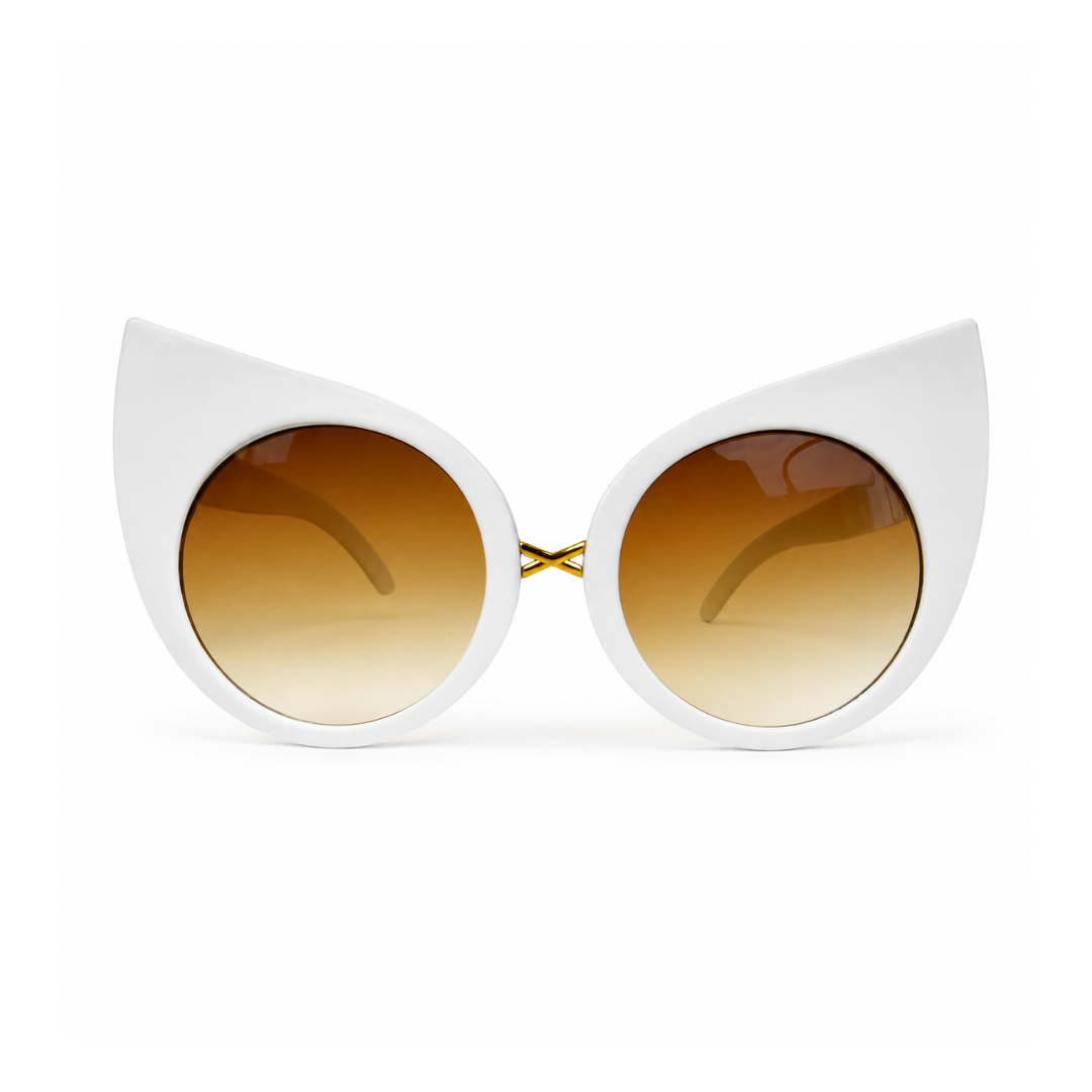 White cat-eye sunglasses with gradient brown lenses and a small gold metal accent at the bridge, shown on a plain white background.