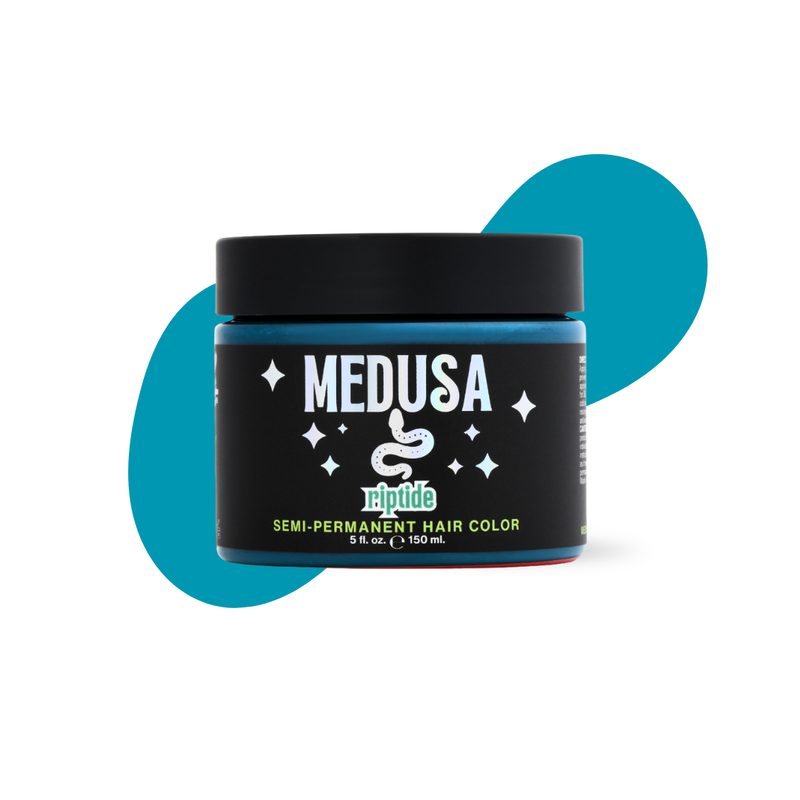 Jar of Medusa hair color on a white background with blue circles