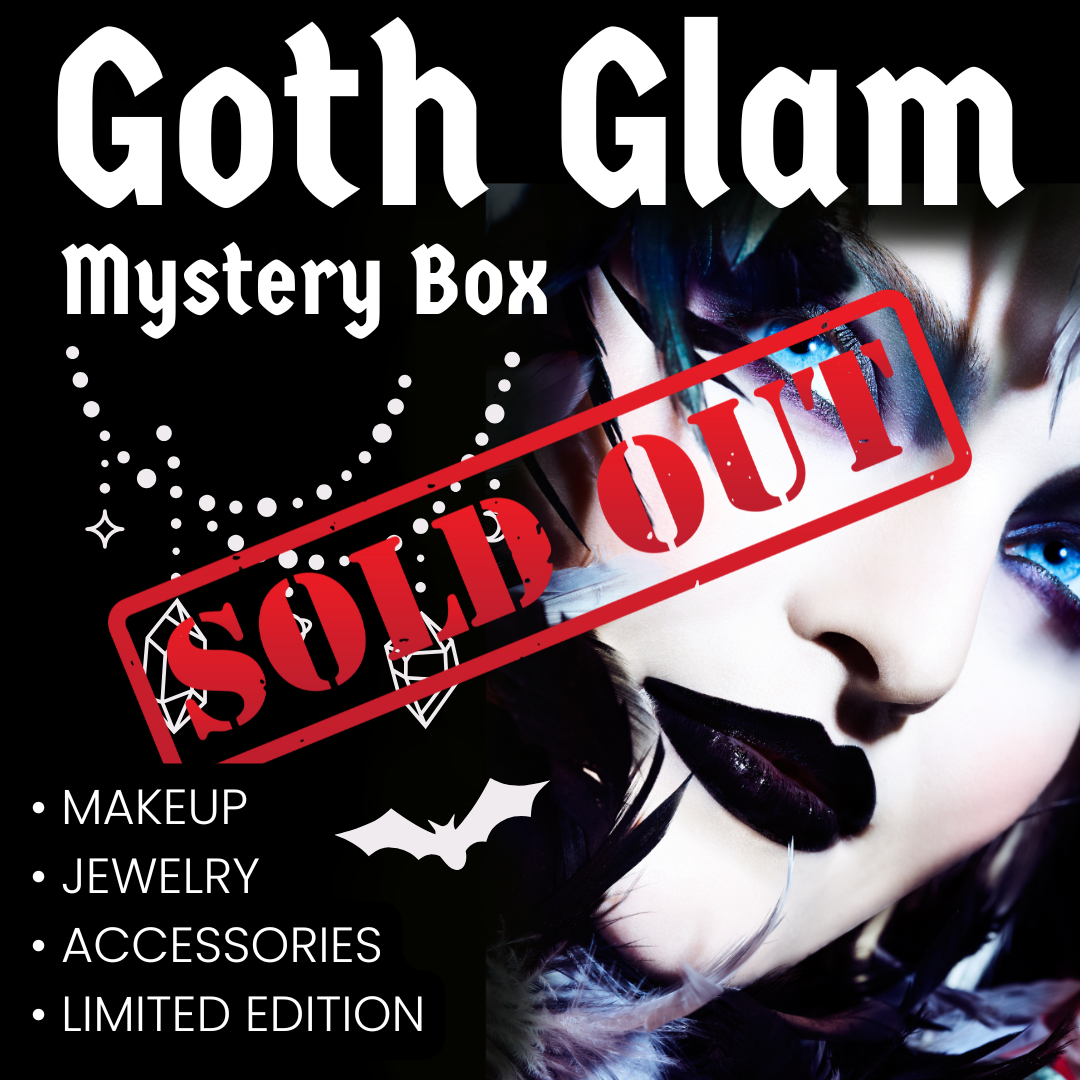Goth Glam mystery box with a sold out stamp, featuring makeup and jewelry.