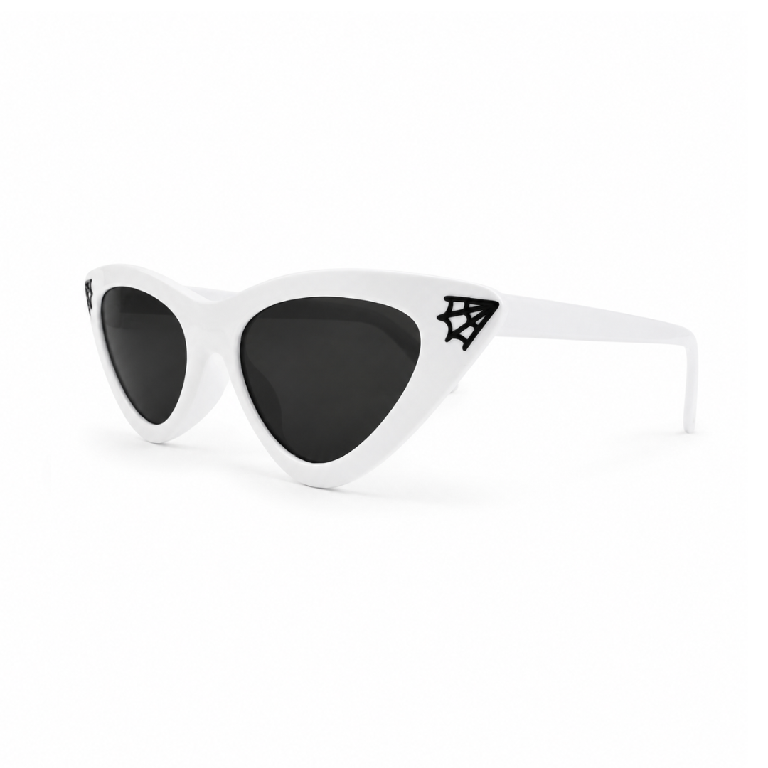 White cat-eye sunglasses with black lenses and a black spiderweb graphic on the temple, shown on a clean white background.