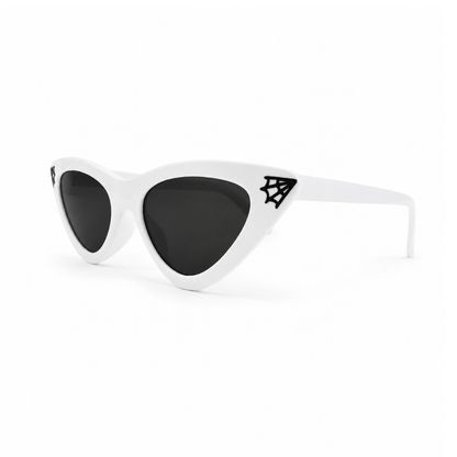 White cat-eye sunglasses with black lenses and a black spiderweb graphic on the temple, shown on a clean white background.