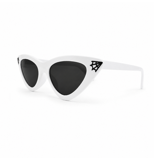 White cat-eye sunglasses with black lenses and a black spiderweb graphic on the temple, shown on a clean white background.