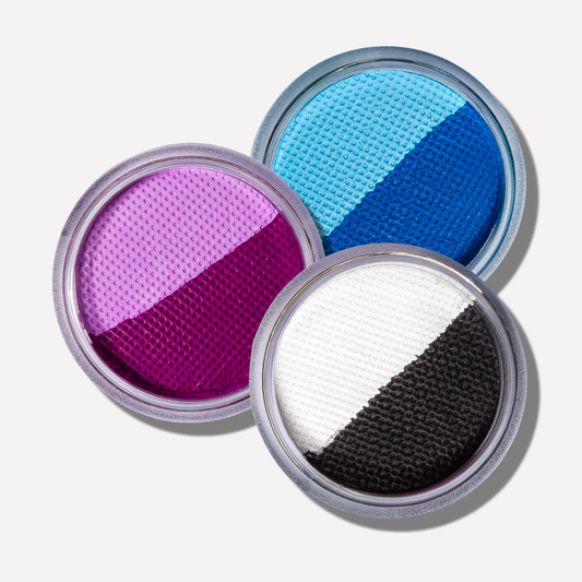Three makeup compact cases with different color combinations on a white background