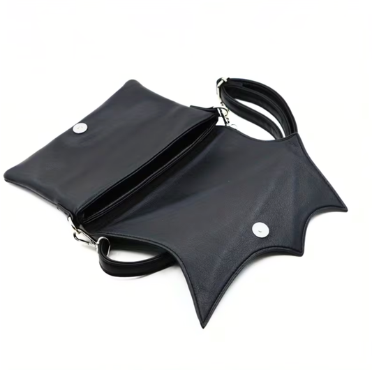 Black leather bat-wing bag on a white background