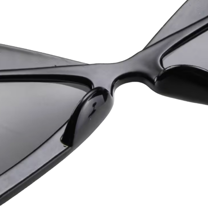 Close-up of a black sunglasses frame on a white background