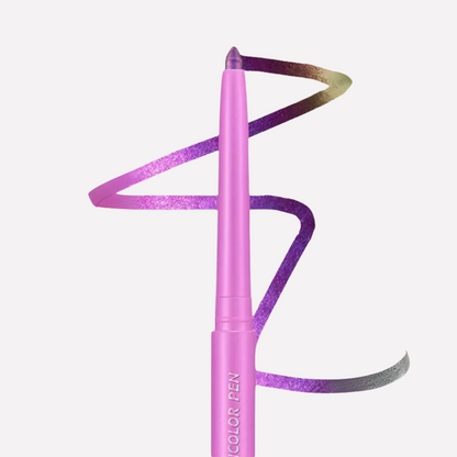 Pink color pen with a swatch of purple and green color on a white background