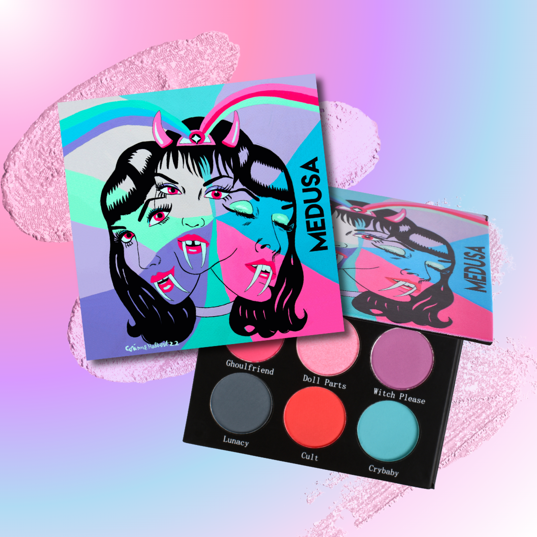 Makeup palette with Medusa design on a colorful background