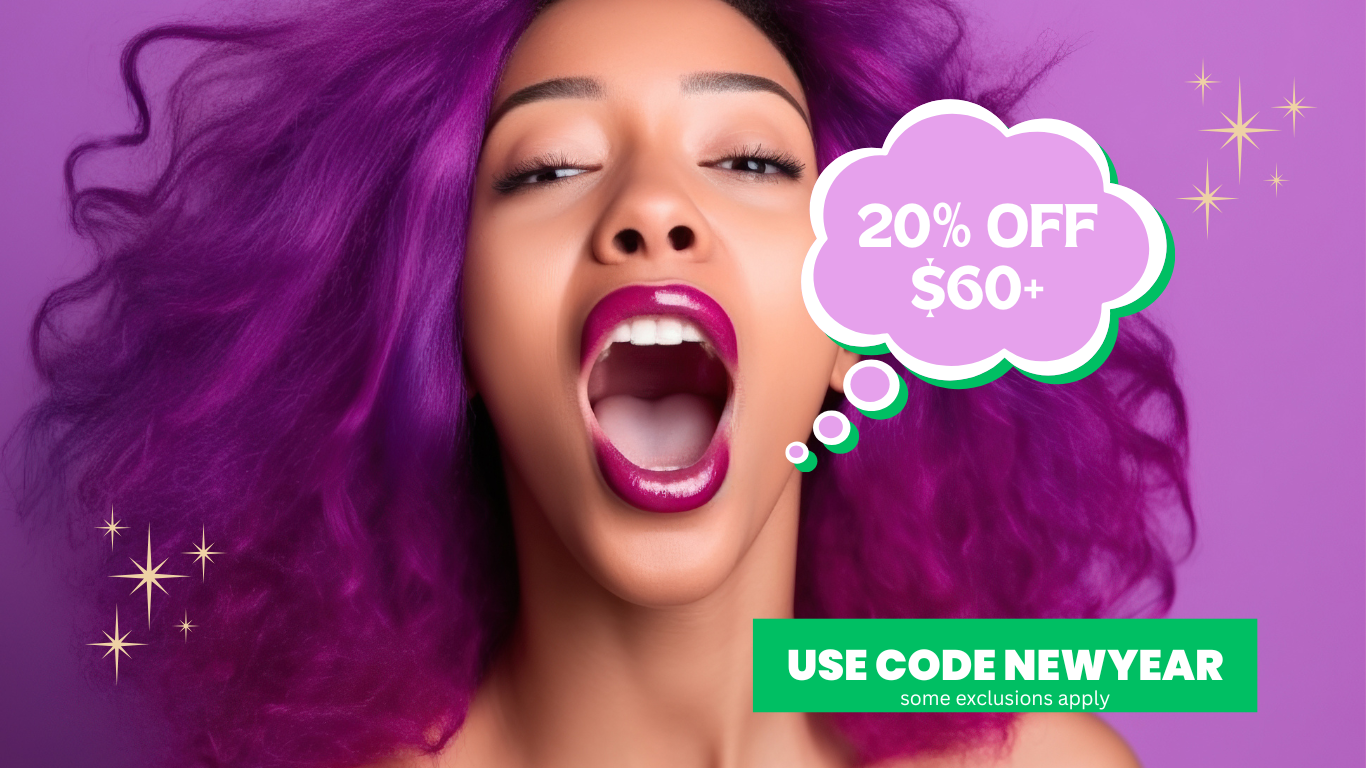 model with purple hair and purple lipstick with sale 20% off $60+ w code newyear some exclusions