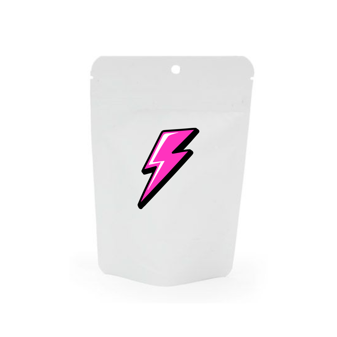 White stand-up pouch with a pink and black lightning bolt design on a white background