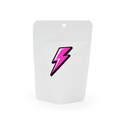 White stand-up pouch with a pink and black lightning bolt design on a white background