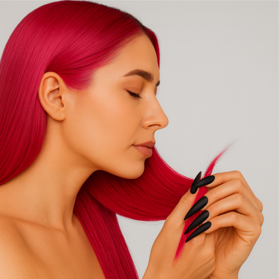 model with pink hair applying snake oil to her pink vivid hair