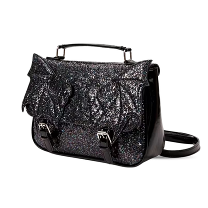 Black glittery handbag with a white background