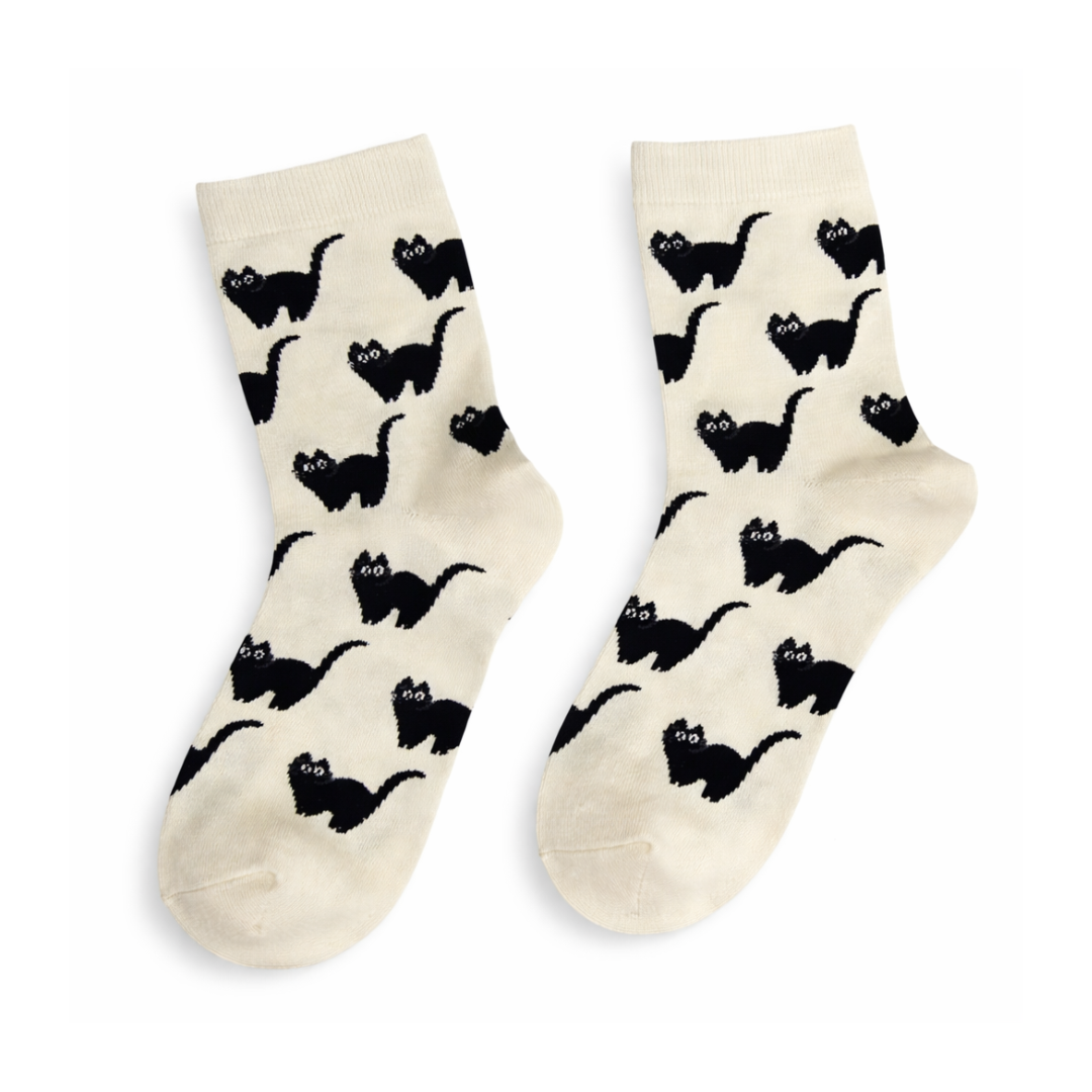 Pair of socks with black cat pattern on a white background