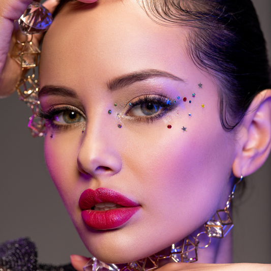 model with face gems