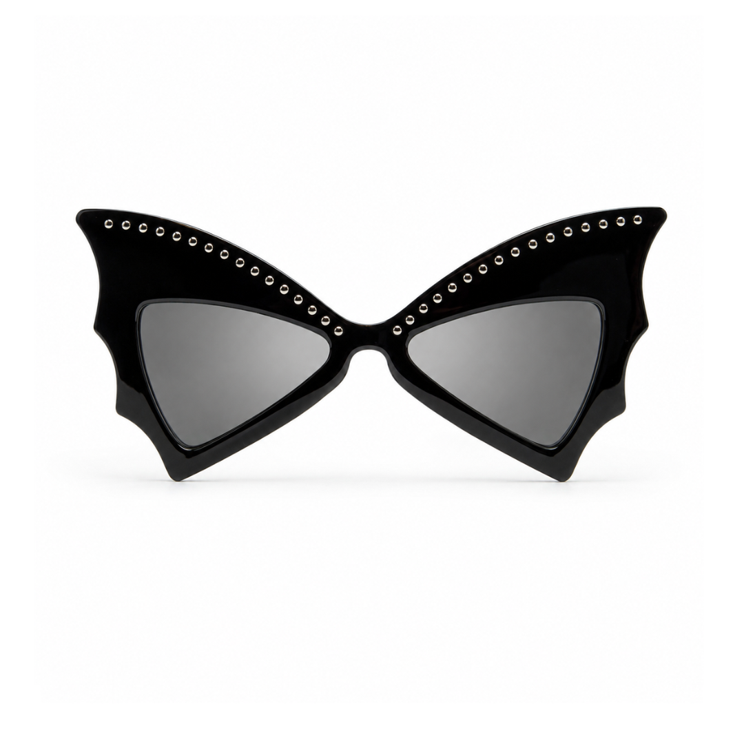 Black cat-eye sunglasses with silver rhinestone trim along the top of the frames and gray mirrored lenses, shown against a plain white background.