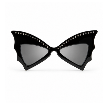 Black cat-eye sunglasses with silver rhinestone trim along the top of the frames and gray mirrored lenses, shown against a plain white background.