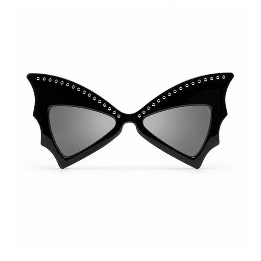 Black cat-eye sunglasses with silver rhinestone trim along the top of the frames and gray mirrored lenses, shown against a plain white background.