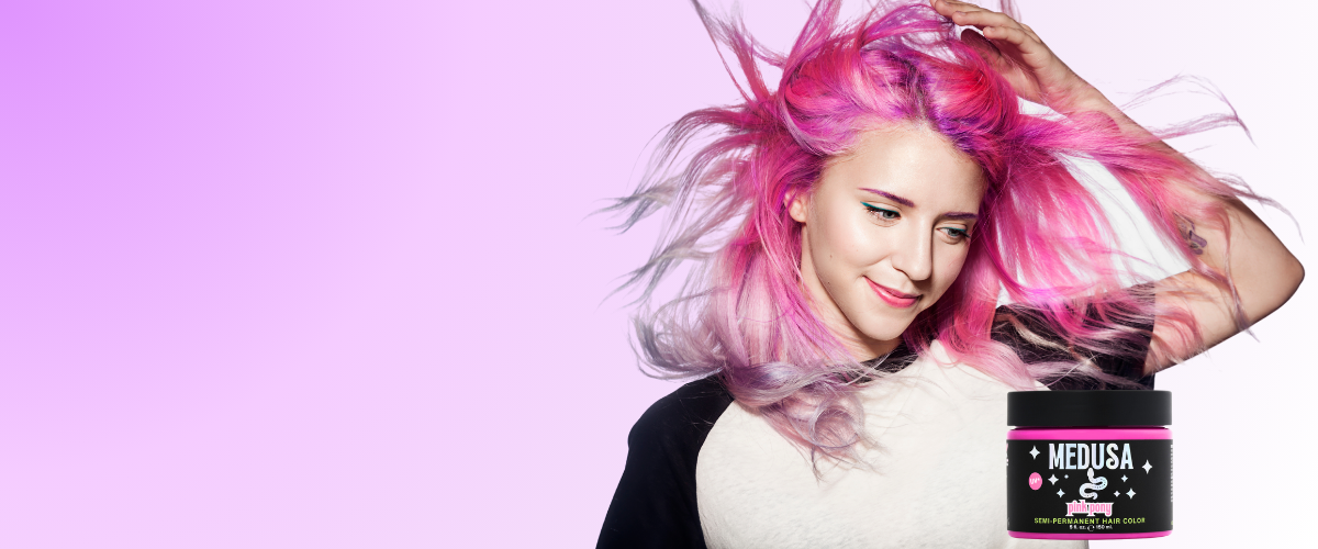 Your hair your rules, medusa hair dye banner with model with pink hair