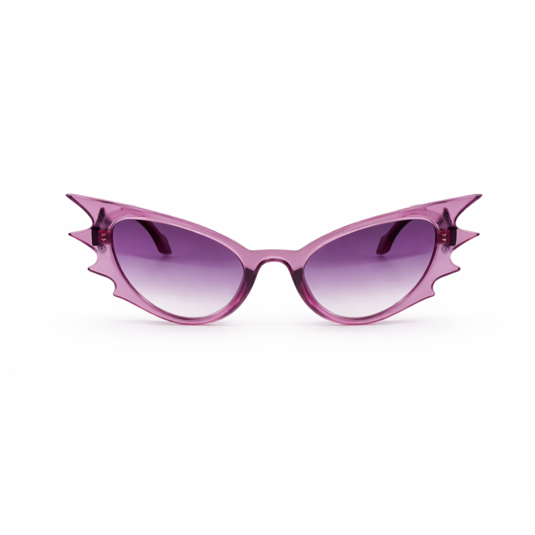 Pink sunglasses with spike-like designs on a white background
