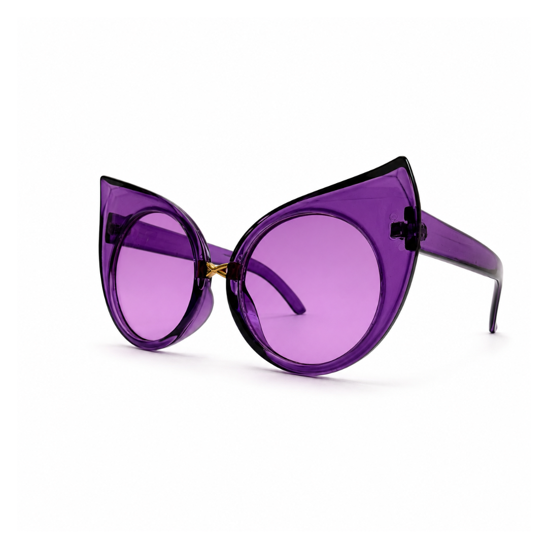 Purple cat-eye sunglasses on a white background