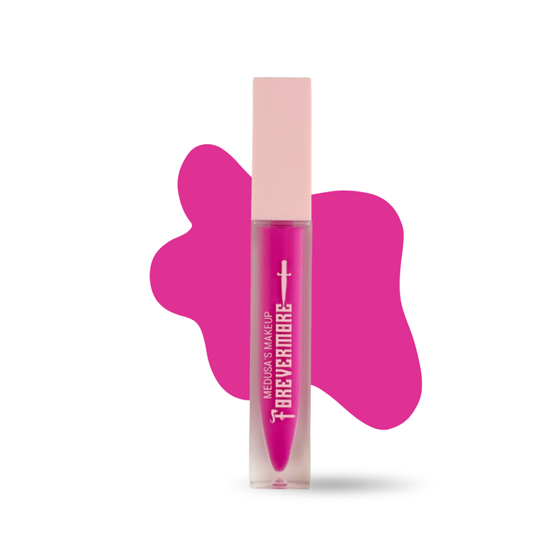 Pink lip gloss with a matching pink cap on a white background