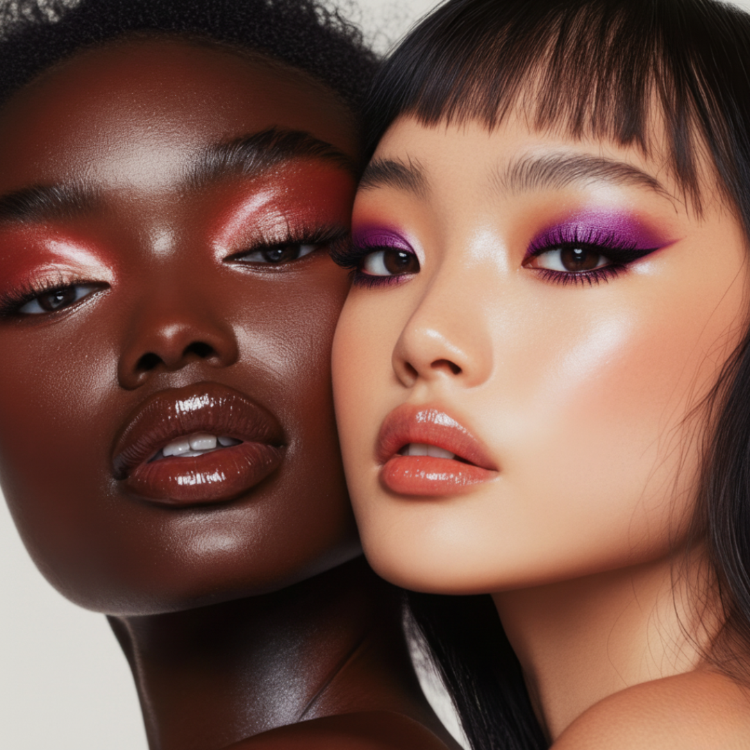 Two women with vibrant makeup posing close together on a neutral background