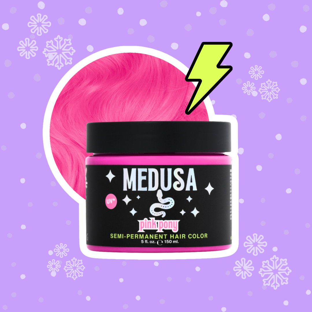 Jar of Medusa pink hair color on a purple background with snowflake decorations