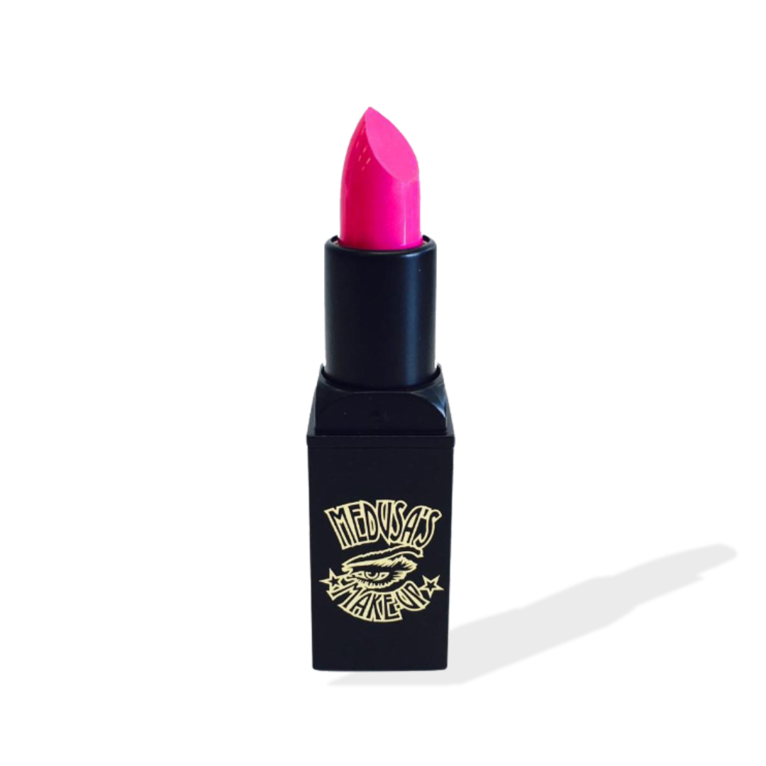Pink lipstick in a black case with a brand logo on a white background