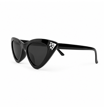 Black cat-eye sunglasses with dark lenses and a white spiderweb emblem on the temple, shown on a clean white background.