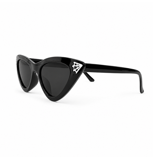 Black cat-eye sunglasses with dark lenses and a white spiderweb emblem on the temple, shown on a clean white background.