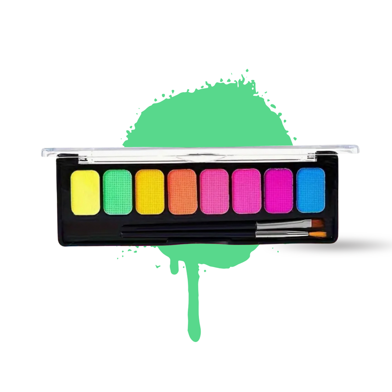 Colorful makeup palette with brushes on a white background