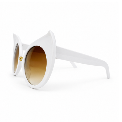 White cat-eye sunglasses with brown gradient lenses, shown from a three-quarters angle on a white background.