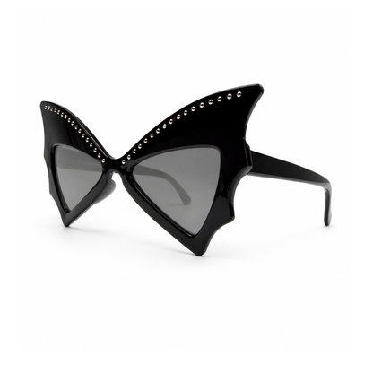 Black cat-eye sunglasses with silver rhinestone trim and dark gray lenses, shown on a clean white background.