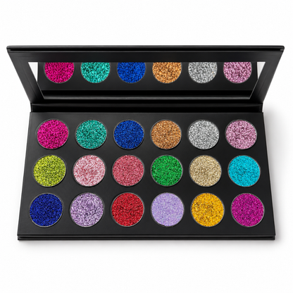 Makeup palette with colorful glittery shades on a white background