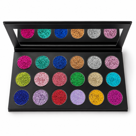 Makeup palette with colorful glittery shades on a white background
