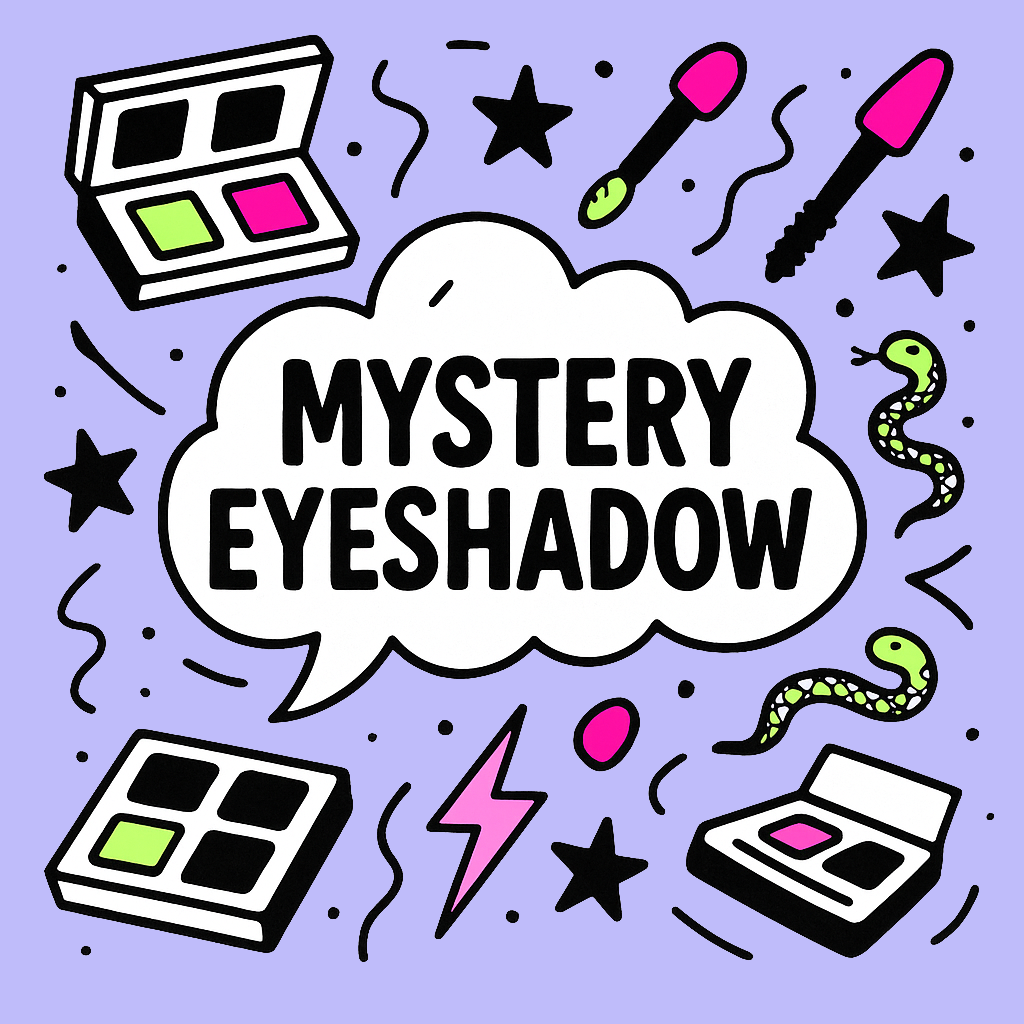 Illustration of makeup products with 'Mystery Eyeshadow' text on a purple background